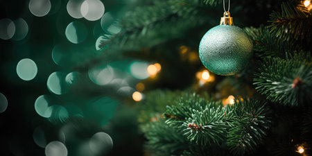 Merry Christmas and Happy New Year. Festive bright beautiful background. Decorated Christmas tree on blurred background. de-focused lights, golden bokehの素材