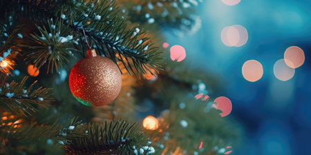 Merry Christmas and Happy New Year. Festive bright beautiful background. Decorated Christmas tree on blurred background. de-focused lights, golden bokehの素材
