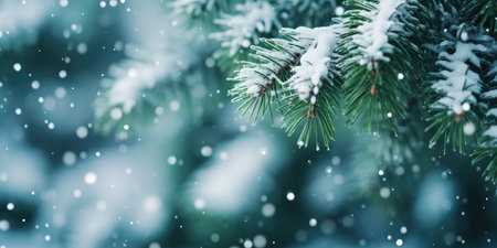 Christmas tree branch with white snow. Christmas fir and pine tree branches covered with snow. background of snow and blurred effect. Gently falling snow flakes against blueの素材