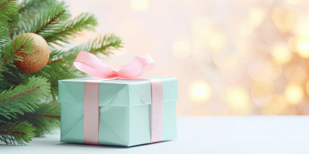 Festive decorated Christmas tree with gifts box. Merry Christmas and Happy new year. Holiday background soft pastel colors with gift surprise under the xmas treeの素材