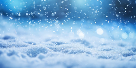 Winter blue gray background of white snow. Beautiful winter background of snow and blurred effect. Gently falling snow flakes against blue. Empty free spaceの素材