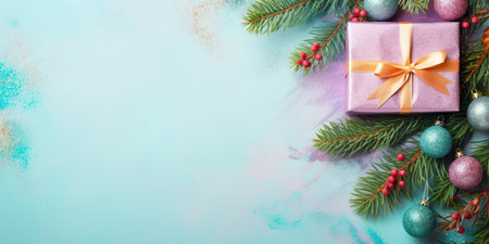 Merry Christmas and Happy new year. Festive background flat lay top view with gift boxes and festive decorative elements. Christmas gift box view from above, space for textの素材