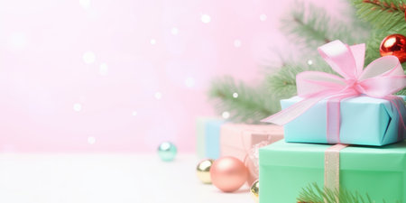 Festive decorated Christmas tree with gifts box. Merry Christmas and Happy new year. Holiday background soft pastel colors with gift surprise under the xmas treeの素材