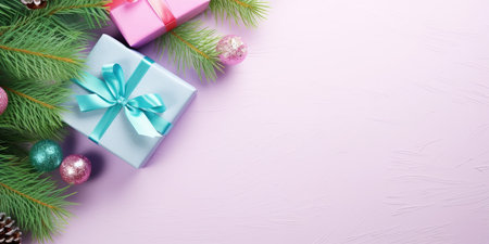 Merry Christmas and Happy new year. Festive background flat lay top view with gift boxes and festive decorative elements. Christmas gift box view from above, space for textの素材