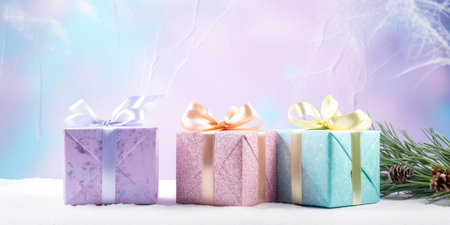 Merry Christmas and Happy new year. Festive background with gift boxes. Christmas gift boxの素材