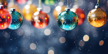 Christmas decorated balls hanging on a ribbon. Merry Christmas and Happy new year. Festive background with xmas decoration ballsの素材