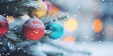 Decorated Christmas tree. Merry Christmas and Happy New Year. Festive bright beautiful background. Decorated Christmas tree on blurred background. de-focused lights, gold bokehの素材