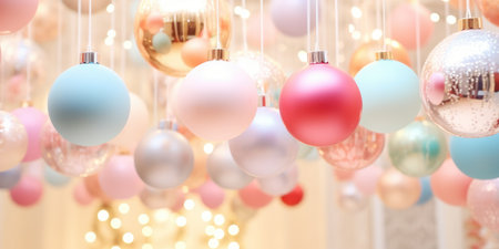 Christmas decorated balls hanging on a ribbon. Merry Christmas and Happy new year. Festive background with xmas decoration ballsの素材