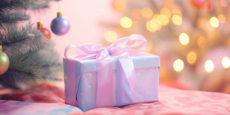 Festive decorated Christmas tree with gifts box. Merry Christmas and Happy new year. Holiday background with gift surprise under the xmas treeの素材