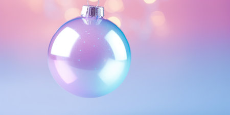 Christmas decorated balls hanging on a ribbon. Merry Christmas and Happy new year. Festive background with xmas decoration ballsの素材