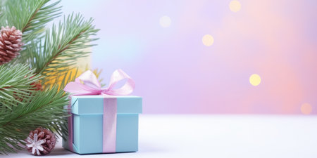 Festive decorated Christmas tree with gifts box. Merry Christmas and Happy new year. Holiday background soft pastel colors with gift surprise under the xmas treeの素材