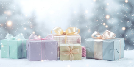 Merry Christmas and Happy new year. Festive background with gift boxes. Christmas gift boxの素材