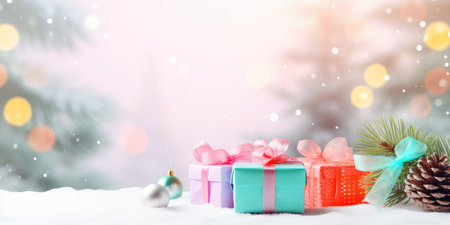 Festive decorated Christmas tree with gifts box. Merry Christmas and Happy new year. Holiday background soft pastel colors with gift surprise under the xmas treeの素材