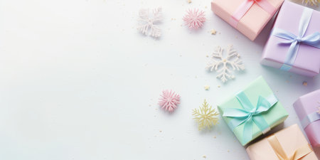 Merry Christmas and Happy new year. Festive background flat lay top view with gift boxes and festive decorative elements. Christmas gift box view from above, space for textの素材