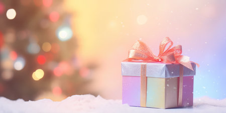 Festive decorated Christmas tree with gifts box. Merry Christmas and Happy new year. Holiday background soft pastel colors with gift surprise under the xmas treeの素材