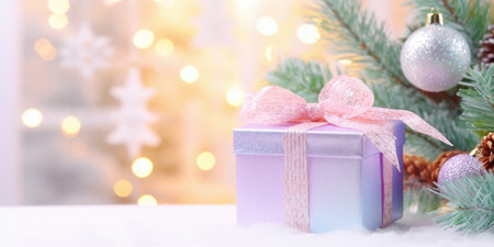 Festive decorated Christmas tree with gifts box. Merry Christmas and Happy new year. Holiday background soft pastel colors with gift surprise under the xmas treeの素材