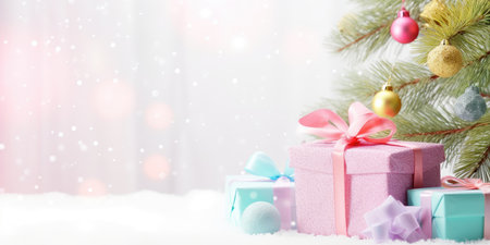 Festive decorated Christmas tree with gifts box. Merry Christmas and Happy new year. Holiday background soft pastel colors with gift surprise under the xmas treeの素材