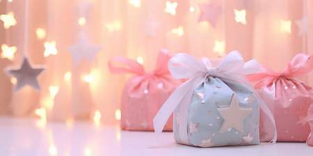 Merry Christmas and Happy new year. Festive background with bag gift. Christmas gift box. Soft pastel colorの素材