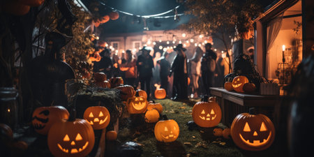 Happy halloween. Night background with pumpkinsの素材