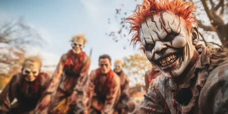 Happy halloween. Man Adult teenagers in costumes and makeup holiday happy halloweenの素材