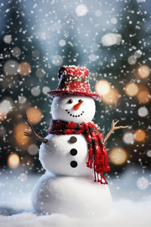 Christmas Snowman On Winter Background. Funny festive snowman in a hat. Merry christmas and a happy new year. Holiday banner and poster. Christmas poster and bannerの素材