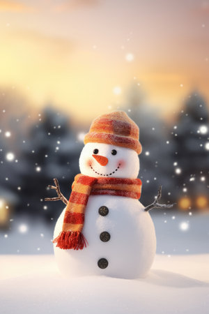 Christmas Snowman On Winter Background. Funny festive snowman in a hat. Merry christmas and a happy new year. Holiday banner and poster. Christmas poster and bannerの素材