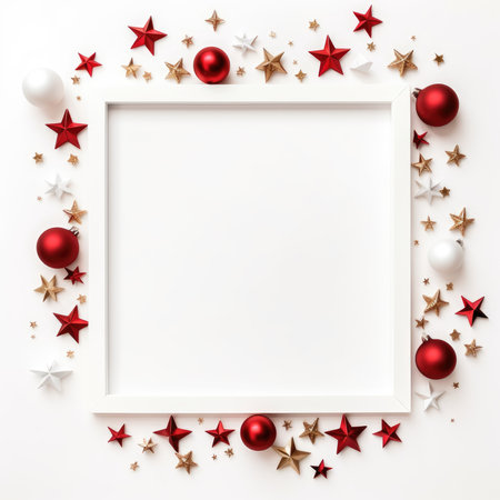 Christmas frame flat lay top view. Holiday Christmas decorations on border frame background with center blank. Frame with New year ornaments.の素材