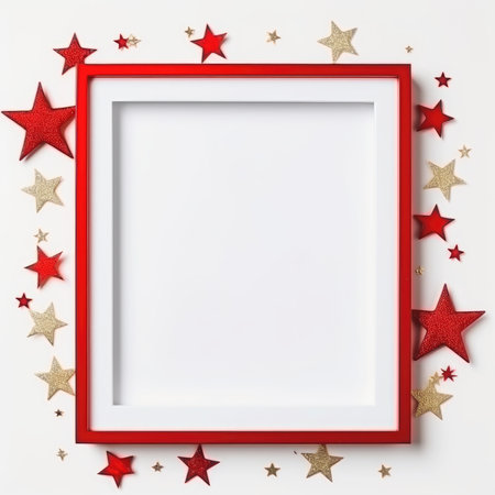 Christmas frame flat lay top view. Holiday Christmas decorations on border frame background with center blank. Frame with New year ornaments.の素材
