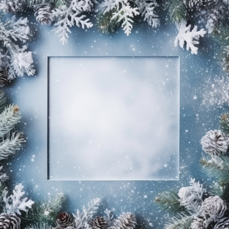 Christmas frame flat lay top view. Holiday Christmas decorations on border frame background with center blank. Frame with New year ornaments.の素材
