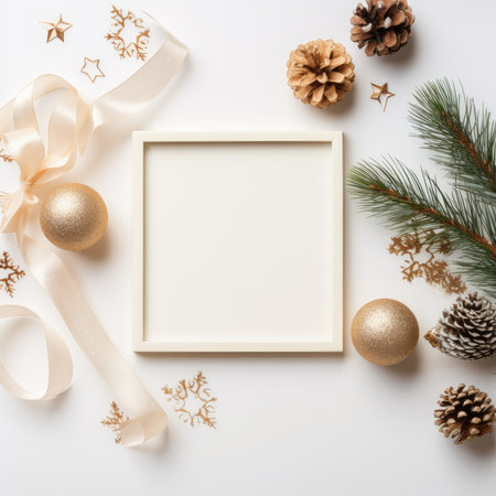Christmas frame flat lay top view. Holiday Christmas decorations on border frame background with center blank. Frame with New year ornaments.の素材