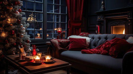 Christmas cozy home interior. Christmas room with a decorated Christmas tree.の素材