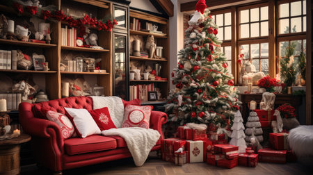 Christmas cozy home interior. Christmas room with a decorated Christmas tree.の素材