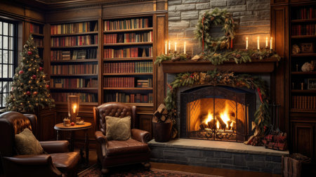 Christmas cozy home interior. Christmas room with a decorated Christmas tree.の素材