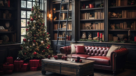 Christmas cozy home interior. Christmas room with a decorated Christmas tree.の素材