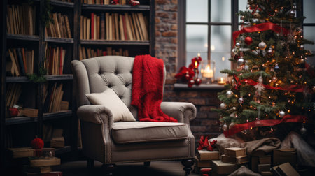 Christmas cozy home interior. Christmas room with a decorated Christmas tree.の素材