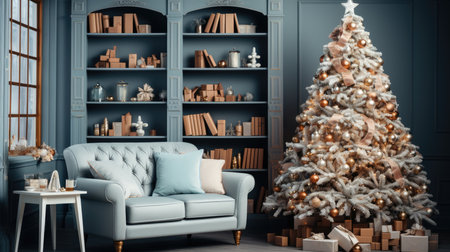 Christmas cozy home interior. Christmas room with a decorated Christmas tree.の素材