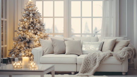 Christmas cozy home interior. Christmas room with a decorated Christmas tree.の素材