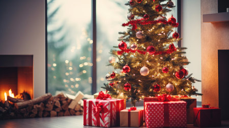 Christmas cozy home interior. Christmas room with a decorated Christmas tree.の素材