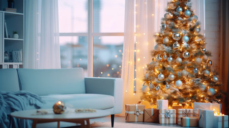 Christmas cozy home interior. Christmas room with a decorated Christmas tree.の素材