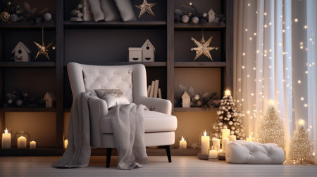 Christmas cozy home interior. Christmas room with a decorated Christmas tree.の素材