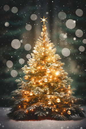 Festive Christmas New Year background. Holiday Christmas winter treeの素材