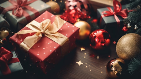 Festive Christmas New Year background with surprise box. Holiday Christmas gift boxの素材