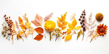 Autumn background with leaves and flowersの素材