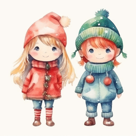 Set of Christmas watercolor hand drawn illustration of happy children in winter clothes. Cute Christmas holiday childrenの素材