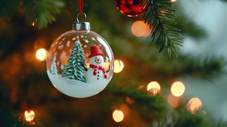 Christmas and New Year holiday background. Christmas decorations ball hanging on the Christmas tree. Xmas festiveの素材