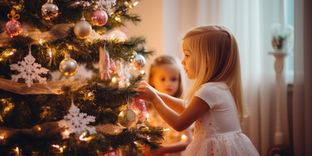 little girl decorating christmas tree with lots of ornaments,の素材