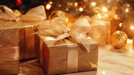 Merry Christmas and a happy new year. Festive xmas background. Holiday Christmas Gift boxの素材