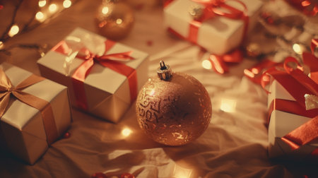 Merry Christmas and a happy new year. Festive xmas background. Holiday Christmas Gift boxの素材