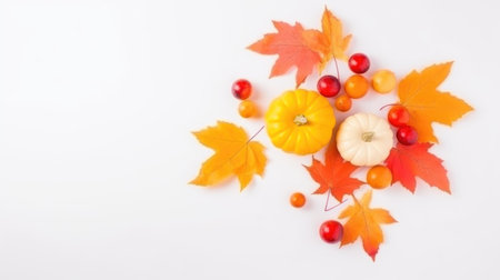 Festive autumn decor from pumpkins, yellow leaves on a white background. Design for Thanksgiving dayの素材
