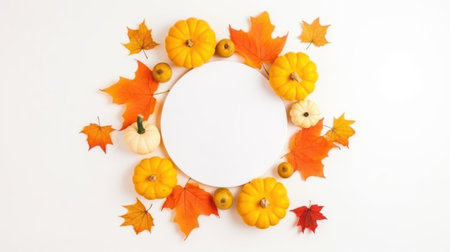 Festive autumn decor from pumpkins, yellow leaves on a white background. Design for Thanksgiving dayの素材